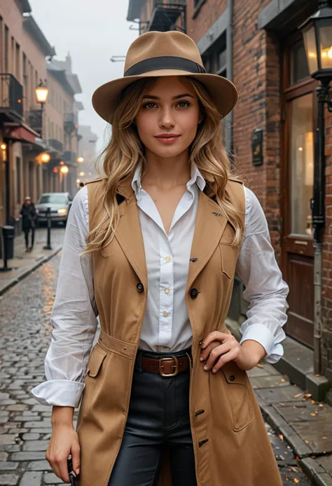 (medium full shot) of (vigilant detective) young woman, normal build, extra long blonde curtain bangs hair, spanish, tan skin, hazel eyes, wearing a classic fedora, beige detective vest, coordinated shirt and pants , leather boots, detective badge magnifying glass, classic pipe, set in  a foggy city street, with dim streetlights, cobblestone pavement, old buildings, and a mysterious ambiance, during the day, woman smiling, ,Masterpiece,best quality, photo, realistic, very aesthetic, detailed face,