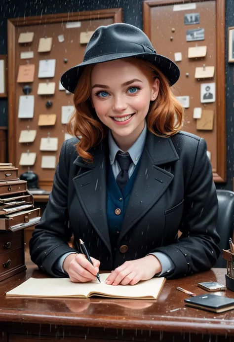 (medium full shot) of (astute detective) young woman, curvy build, short ginger bun hair, swedish, light skin, blue eyes, wearing a classic fedora, black wool overcoat, button-down shirt, wool slacks, loafers, magnifying glass detective badge, vintage notebook and pen, set in  a cluttered detective office, featuring corkboards with photos and clues, filing cabinets, leather chairs, and an antique desk, in the rain, woman smiling, ,Masterpiece,best quality, raw photo, realistic, very aesthetic