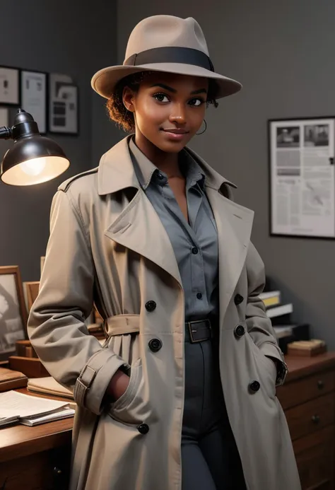 (medium full shot) of (intuitive detective) young woman, slim build, short hazel messy bun hair, black american, dark skin, black eyes, wearing a classic fedora, grey trench coat, dress shirt, casual pants, leather boots, vintage pocket watch magnifying glass, classic pipe, set in  a modern detective office, with sleek furniture, computer setups, organized files, stylish decor, and professional lighting, during the day, woman smiling, ,Masterpiece,best quality, raw photo, realistic, very aesthetic, dark