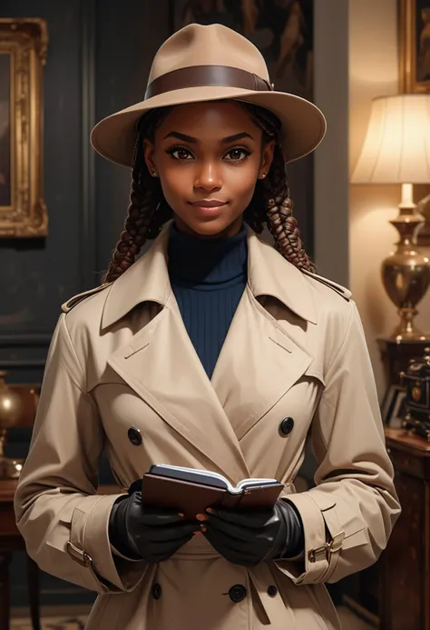 (medium full shot) of (astute detective) young woman, normal build, short ginger double braids hair, african, dark skin, light brown eyes, wearing a classic fedora, beige trench coat, full detective suit , loafers, leather gloves stylish wristwatch, modern notebook and pen, set in  a grand mansion, with luxurious decor, elegant furniture, spacious rooms, classic paintings on the walls, at night, woman smiling, ,Masterpiece,best quality, raw photo, realistic, very aesthetic, dark