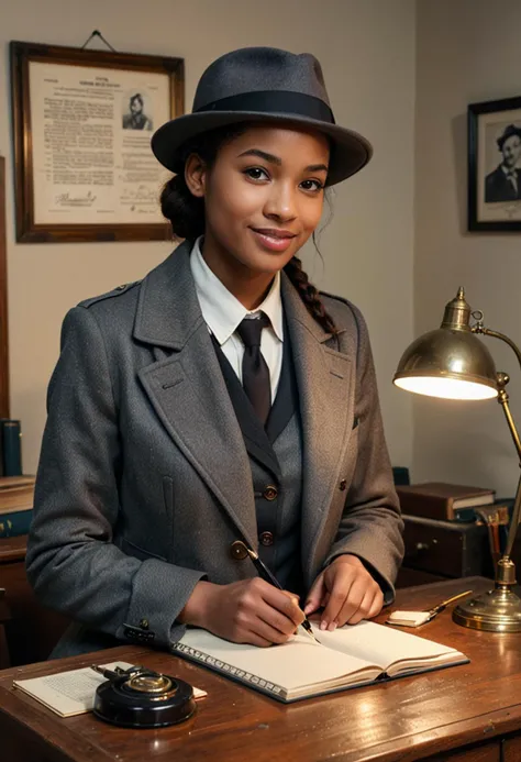 (medium full shot) of (observant detective) young woman, slender build, short dark single braid hair, african, dark skin, brown eyes, wearing a classic fedora, charcoal wool overcoat, full detective suit , derby shoes, magnifying glass detective badge, modern notebook and pen, set in  a dimly lit detective office, with wooden furniture, vintage decor, stacks of case files, and an old-fashioned desk lamp, at night, woman smiling, ,Masterpiece,best quality, photo, realistic, very aesthetic, detailed face,