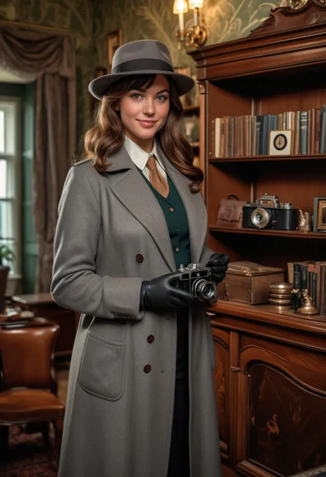 (medium full shot) of (astute detective) young woman, curvy build, medium brown side-swept bangs hair, canadian, tan skin, dark green eyes, wearing a classic fedora, grey wool overcoat, matching blouse and trousers , brogues, leather gloves detective badge, old-fashioned camera, set in  a vintage mansion, with antique furniture and classic decor, the maid dusting the shelves, at night, woman smiling, ,Masterpiece,best quality, raw photo, realistic, very aesthetic