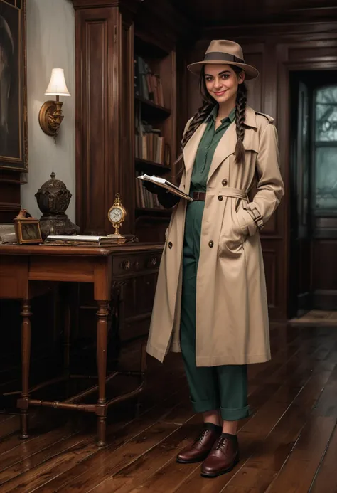 (medium full shot) of (intuitive detective) young woman, willowy build, extra long dark french braid hair, persian, tan skin, dark green eyes, wearing a classic fedora, beige trench coat, button-down shirt, wool slacks, loafers, leather gloves stylish pocket watch, modern notebook and pen, set in  a dark, eerie mansion, featuring creaky wooden floors, dim lighting, antique furniture, and an ominous atmosphere, in the rain, woman smiling, ,Masterpiece,best quality, raw photo, realistic, very aesthetic