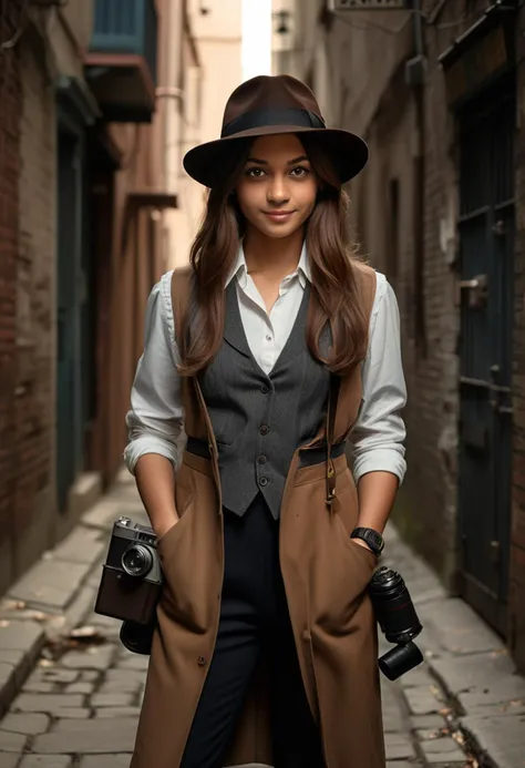 (medium full shot) of (determined detective) young woman, tiny build, long brown hime cut hair, indian, caramel skin, hazel eyes, wearing a classic fedora, black detective vest, dress shirt, wool slacks, loafers, leather gloves stylish wristwatch, old-fashioned camera, set in  a quiet, secluded alley, with hidden entrances, shadowy corners, and an air of mystery, at night, woman smiling, ,Masterpiece,best quality, raw photo, realistic, very aesthetic