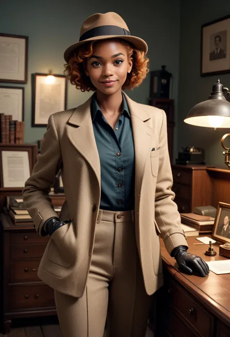 (medium full shot) of (observant detective) young woman, slender build, medium ginger french twist hair, black american, dark skin, black eyes, wearing a classic fedora, khaki tweed jacket, tailored blouse, wool slacks, loafers, stylish pocket watch leather gloves, classic pipe, set in  a dimly lit detective office, with wooden furniture, vintage decor, stacks of case files, and an old-fashioned desk lamp, during the day, woman smiling, ,Masterpiece,best quality, raw photo, realistic, very aesthetic