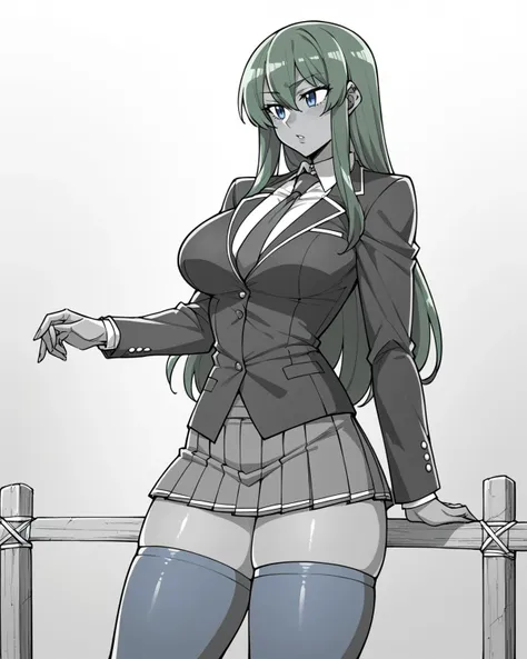 score_9, score_8_up, score_7_up, score_6_up,1girl, large breasts, outdoors, thick thighs, long hair, green hair, blue eyes, tan skin, blue thighighs, skindentation, deep skin, zettai ruoiki, pleated skirt, necktie, blazer,, monochrome, partially colored, greyscale background, drawn in the artstyle of <lora:EKZ-Style_Pony_XL:1>