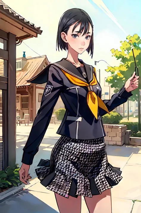 <lora:zs_Yumi_1:1> yumip4, school uniform, serafuku, grey skirt, houndstooth, <lora:honjou_raita_style_v01:1>, long sleeves, cowboy shot,, ultra detailed, masterpiece, best quality,