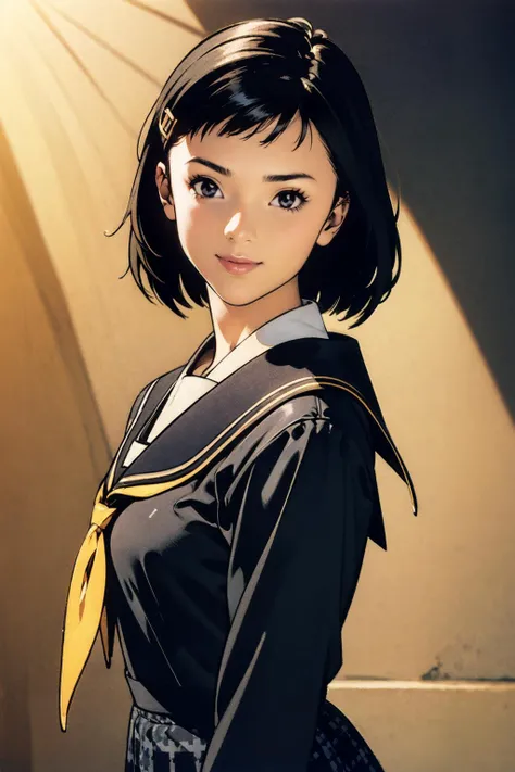 mksks style,academic classic portrait,,hyperrealistic,photorealistic,3d,ultra_detailed,masterpiece,8k illustration,extremely detailed CG unity 8k wallpaper,best quality,absurdres,official art,dramatic lighting,detailed skin texture, detailed cloth texture, beautiful detailed face, intricate details, ultra detailed, rim lighting, side lighting, cinematic light, ultra high res, 8k uhd, film grain,best shadow, delicate, RAW,BREAK,
1 girl,yumip4, school uniform, black serafuku, grey skirt, houndstooth,black hair,hair pin,smile,closed mouth,big pupiles,upper body,
<lora:Katsura Masakazu_v3:0.8>, <lora:zs_Yumi_1:0.8>, <lora:animetarotV51:0.8>, <lora:hipoly_3dcg_v7-epoch:0.1>, <lora:flat2:0.5>
