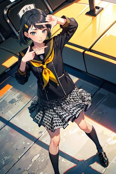1girl,yellow mini skirt,short bob,brave expression,Full body image,black hair,striped nee sox,quarry,standing figure,green sleeveless,solo
