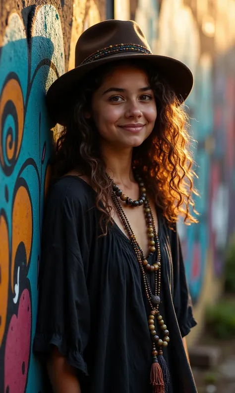 In the soft, golden light of a late afternoon sun, a cute free-spirited hippie girl leans casually against a graffiti-covered wall, her body language exuding an air of nonchalance. Her hair, a wild tangle of curly brown locks, seems to have a life of its own as it spills out from beneath a slouchy hat that perfectly captures her bohemian charm.

Her face is a picture of peace and tranquility, with a gentle smile and a far-off gaze that suggests a deep connection to the urban landscape that surrounds her. She wears a flowing tunic made of dark homespun fabric, the hem fluttering around her ankles. Around her neck is a beaded necklace made of seed pods, a testament to her love of all things natural and earthy.

The graffiti wall behind her is a riot of colors and shapes, a vibrant tapestry that perfectly complements her eclectic style. The overall effect is one of whimsical, bohemian charm, as if this hippie has stumbled into a fantastical world of urban wonder and magic.

Photography, humorous, hyper-realistic, shallow depth of field.