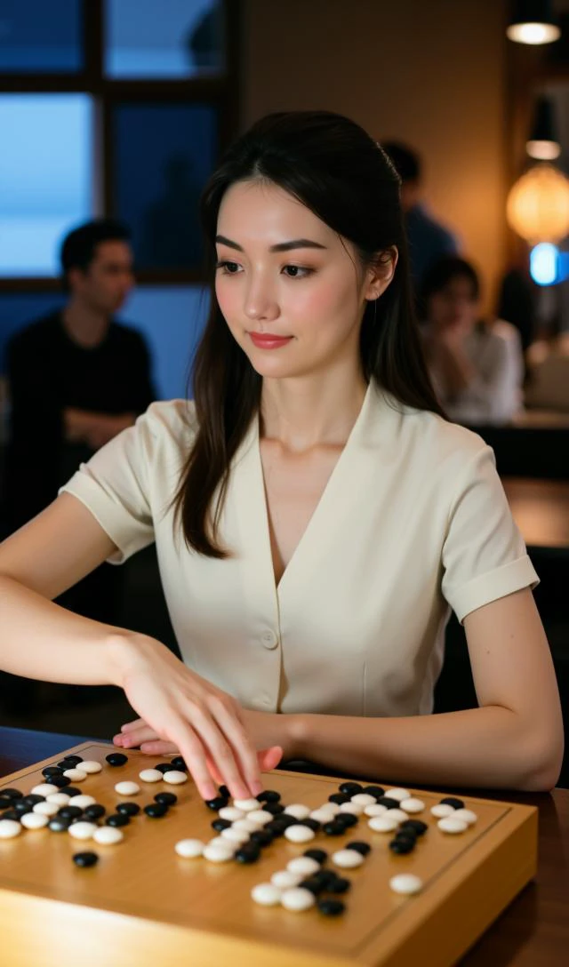 Top Atmosphere Photography Works, extremely realistic,
a (Go girl/GoGirl, very beautiful face, very clear eyes, up-body) is (playing Go/board game) at the table,
(masterpiece, best quality, ultra-detailed, very aesthetic, absurdres, official art, beautiful and aesthetic, movie grade color grading, Epic, 24bit colors),