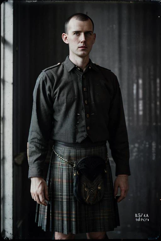 analog film photo, lanky man with gray buzzcut wearing a s_kilt, faded film, desaturated, 35mm photo, grainy, vignette, vintage, Kodachrome, Lomography, stained, highly detailed, found footage <lora:s_kilt:.7>