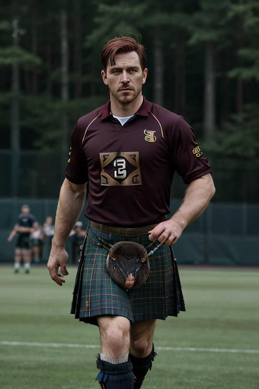 sfw, cinematic photo, athletic man with short auburn hair wearing a s_kilt, bokeh, professional, 4k, highly detailed <lora:s_kilt:.7>