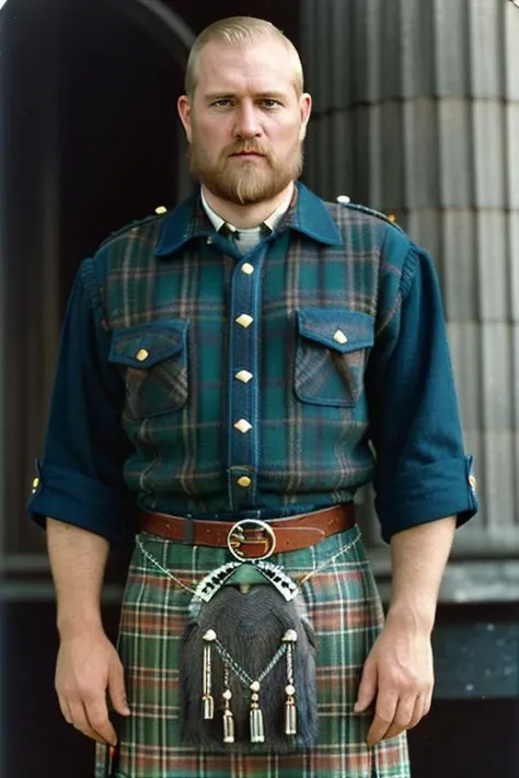 analog film photo, burly man with blond buzzcut wearing a s_kilt, faded film, desaturated, 35mm photo, grainy, vignette, vintage, Kodachrome, Lomography, stained, highly detailed, found footage <lora:s_kilt:.7>