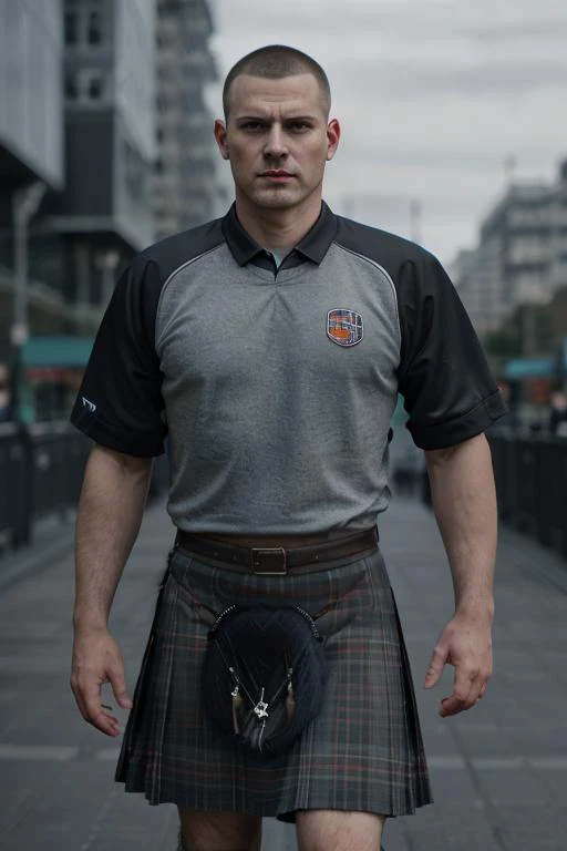 cinematic photo, athletic man with gray buzzcut wearing a s_kilt, bokeh, professional, 4k, highly detailed <lora:s_kilt:.7>