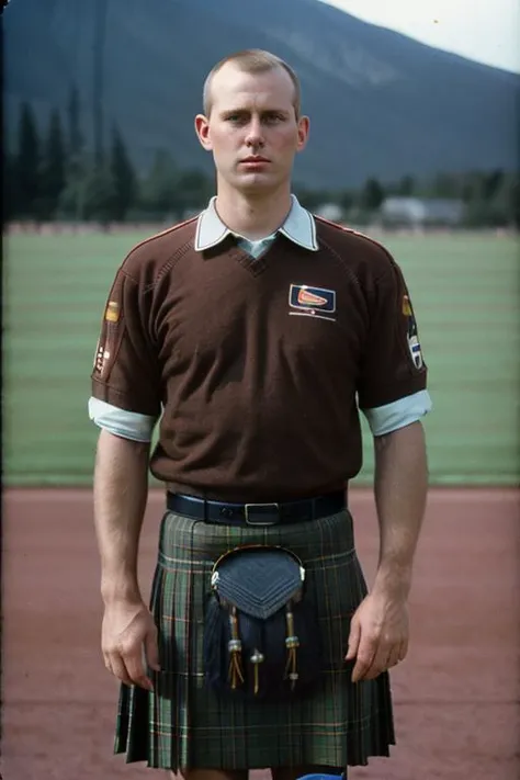 analog film photo, athletic man with brown buzzcut wearing a s_kilt, faded film, desaturated, 35mm photo, grainy, vignette, vintage, Kodachrome, Lomography, stained, highly detailed, found footage <lora:s_kilt:.7>