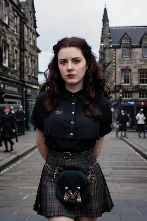 cinematic photo, _ woman in Edinburgh with dark auburn retro curls wearing a s_kilt, 35mm photograph, film, bokeh, professional, 4k, highly detailed <lora:s_kilt:.7> <lora:sd_v15_dpo_lora_v1:1>