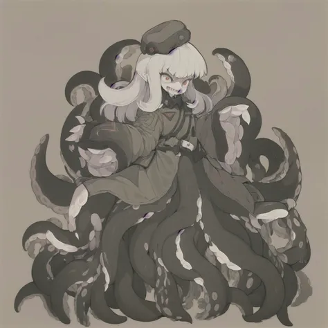 solo, 1girl <lora:Squidlegs_V1.0:1.0>, squidlegs, tentacles, monster girl, scylla, solo, 1girl, tentacle hair, pointy ears, sharp teeth, eldritch abomination, menacing, flappy sleeves, long sleeves, loose sleeves, military hat, military jacket,