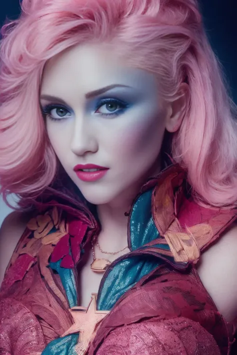 <lora:Gwen_Stefani:1>, a sexual pink, wears a pastel costume, in the style of anaglyph filter, patrick nagel, rainbowcore, robotic expressionism, perry rhodan, john trumbull, (masterpiece:1.5) (photorealistic:1.1) (bokeh) (best quality) (detailed) (intricate) (8k) (HDR) (wallpaper) (cinematic lighting) (sharp focus on eyes)