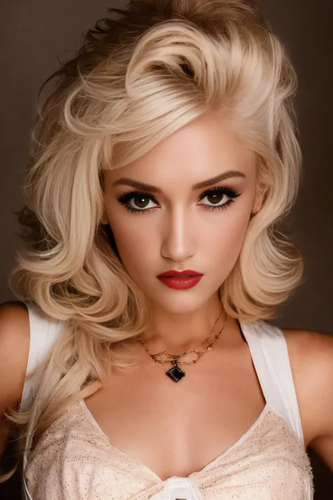 <lora:Gwen_Stefani:1>, analog style, modelshoot style, portrait of sks woman wearing Escort, Average Height, Thin, Oval Face, Dark Skin, Strawberry Blonde Hair, brown Eyes, Wide Nose, Thick Lips, Sharp Chin, Long Hair, Thick Hair, Fauxhawk, round breasts, Cuff earrings, rust stain lipstick, White Sheer Teddy with Lace Trim, study, even, neutral light, key light, bold, bright colours,<lora:epiNoiseoffset_v2Pynoise:1.0> (sharp focus on eyes)