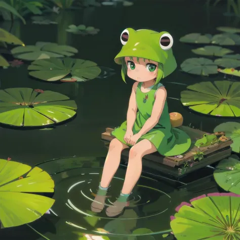 (best quality, masterpiece), forest background, cute, small, frog girl, sitting on lily pad, <lora:studioGhibliStyle_offset:0.7>