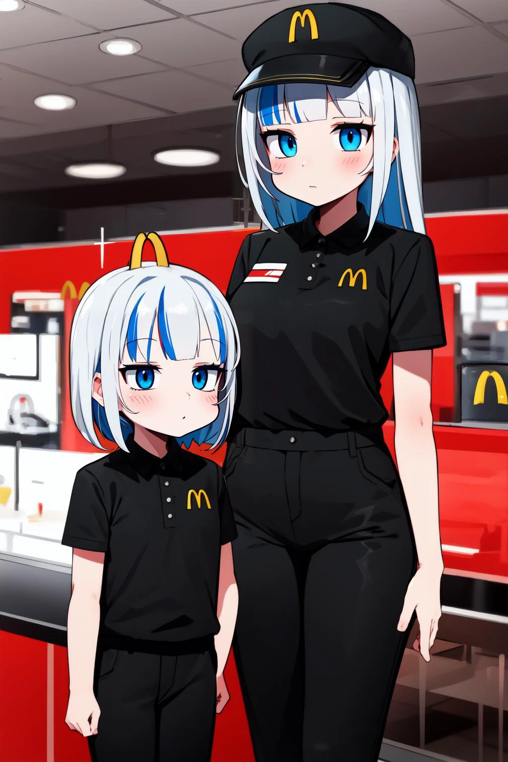 (masterpiece, best quality), intricate details,
1girl, <lora:Gawr Gura:0.8> gawr gura, white hair, blue streaked hair, blue eyes,
<lora:McDonaldsUniform:1> McDonaldsUniform, shirt, black shirt, uniform, black pants, pants, cap, mcdonalds,