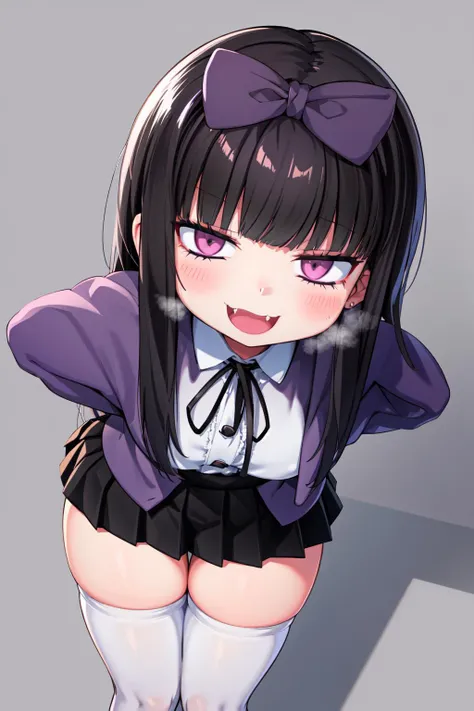 (from above),pov,(looking up),bright,(head down), solo,1girl,mesugaki, blunt bangs, black long hair,shiny skin, standing,(bent over:1.2),arms behind back, half closed eyes, :D,(smirk,naughty face:1.2),upper teeth,skin fang, skirt, white thighhighs
<lora:shungaYoukyu_v10:0.9>