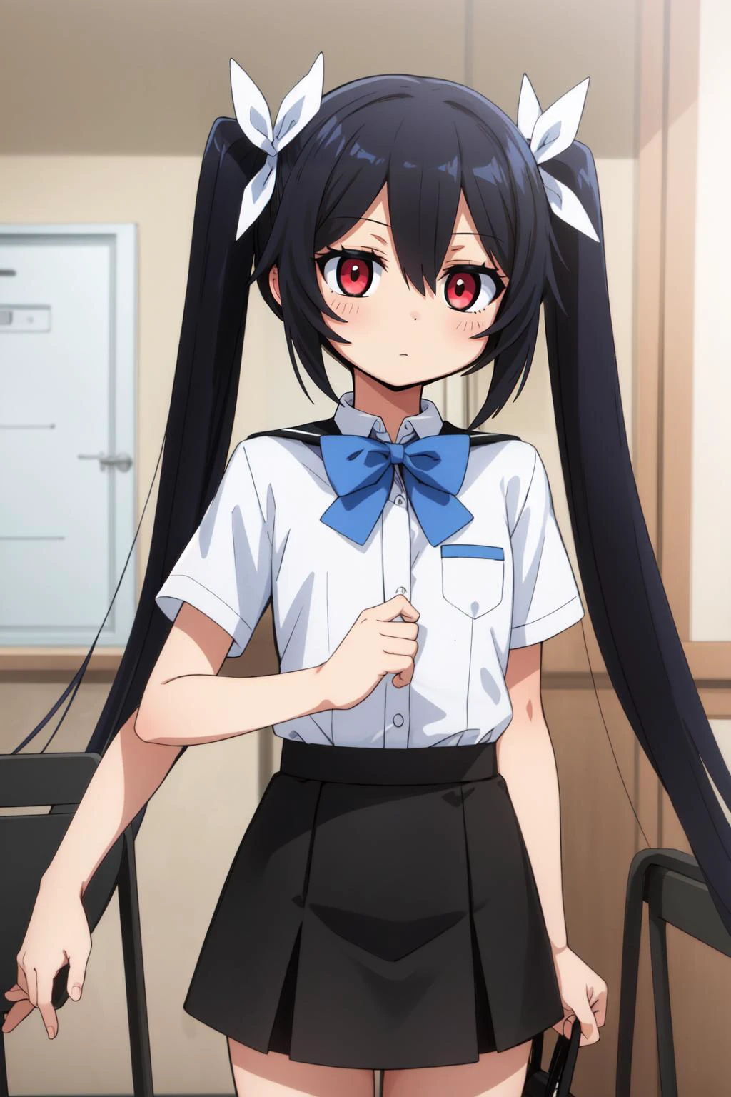 (masterpiece, best quality), intricate details,
1girl, <lora:tsube_aika_ver1.0_2:0.8> tsube_aika, long hair, black hair, red eyes, flat chest, twintails, school uniform, white shirt, miniskirt, black skirt, short sleeves, high waist skirt, light blue bow,
