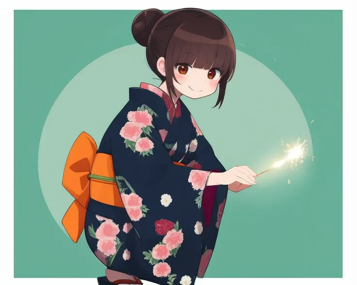 1girl, solo, long sleeves, black hair, japanese clothes, kimono, sparkler, sash, holding, smile, brown hair, floral print, squatting, hair bun, <lora:handheld_fireworks_v1:0.5>, 1girl, anime coloring