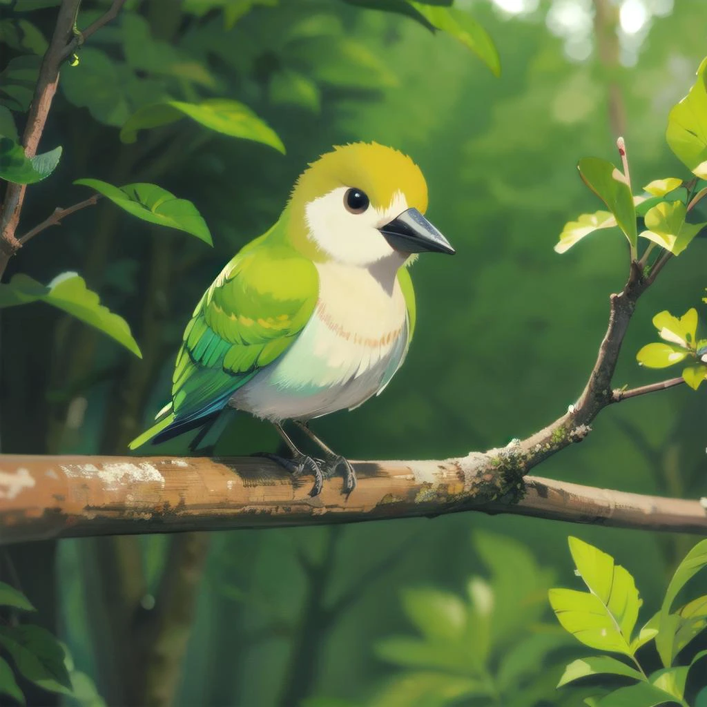 (best quality, masterpiece), forest background, cute, animal, small, <lora:studioGhibliStyle_offset:0.6>, bird, sitting on a branch