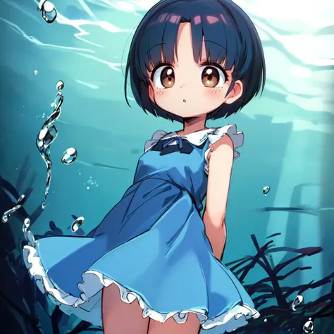 cute girl yeah,flat chest,kawaii, arms behind back,underwater,frilled dress, <lora:AkaneTendouV02:1>, blue dress, white, shirt, short hair, blue hair, brown eyes,