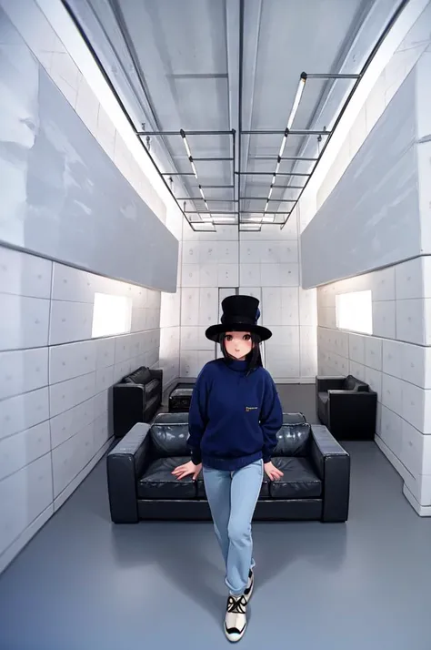 masterpiece, best quality, illustration,
VIS1, indoors, ceiling, couch, tile wall, scenery,
1girl, solo, hat, top hat, black hair, blue sweater, denim, black shoes, sneakers, walking,
<lora:VirtualInsanity_V4_1_MIDD:1>