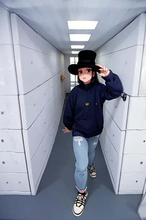 masterpiece, best quality, illustration,
VIS2, indoors, shadow, hallway,
1girl, solo, hat, top hat, black hair, blue sweater, denim, black shoes, sneakers, walking,
<lora:VirtualInsanity_V4_1_MIDD:1>