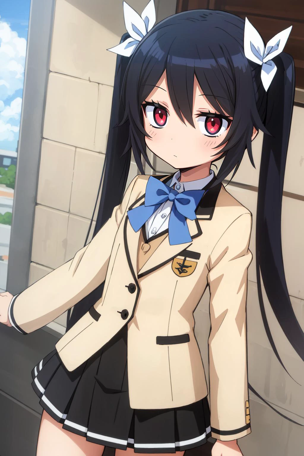 (masterpiece, best quality), intricate details,
1girl, <lora:tsube_aika_ver1.0_2:0.8> tsube_aika, long hair, black hair, red eyes, flat chest, twintails, school uniform, beige blazer, miniskirt, black skirt, high waist skirt, light blue bow,