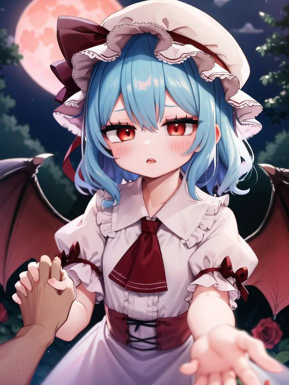 <lora:remilia è¾ç±³èäº:1> , insanely detailed, absurdres, ultra-highres, ultra-detailed, best quality, 1girl, mob cap, wings, ribbon, frilled shirt collar, short sleeves, blue hair, red eyes, ascot, pink dress, evil eyes, night, red moon, ribbon, slit pupils, traditional media, red theme, rose, outdoors, upper teeth, blush, pov hands, <lora:hotarueye_hosome1_v100 诱人çç¼ç¥:0.3> <lora:handhold-left-v1 åæäºæäº¤å:1> <lora:hotarucontrast_对æ¯åº¦è°è:0.75>