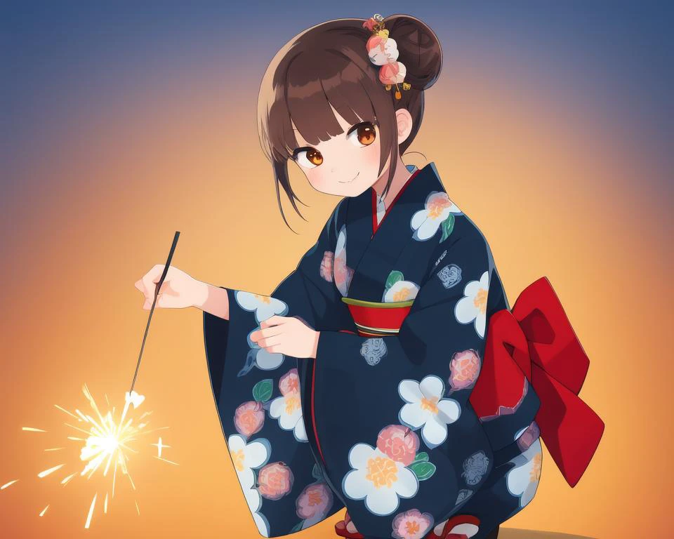 1girl, solo, long sleeves, black hair, japanese clothes, kimono, sparkler, sash, holding, smile, brown hair, floral print, squatting, hair bun, <lora:handheld_fireworks_v1:0.5>, 1girl, anime coloring