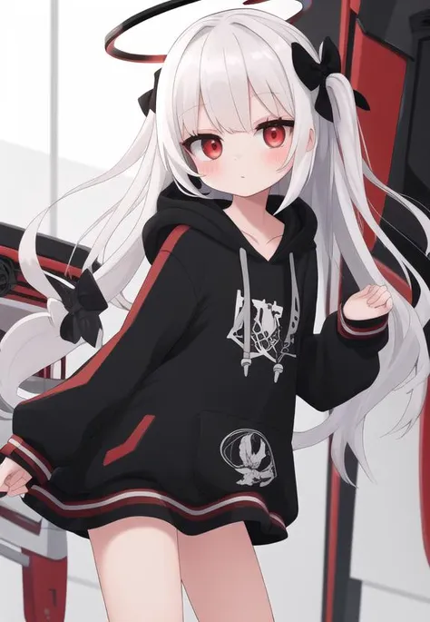 masterpiece,best quality, 1girl, solo, white hair, red eyes, hoodie, black bow, dress, hoodie, mechanical halo,