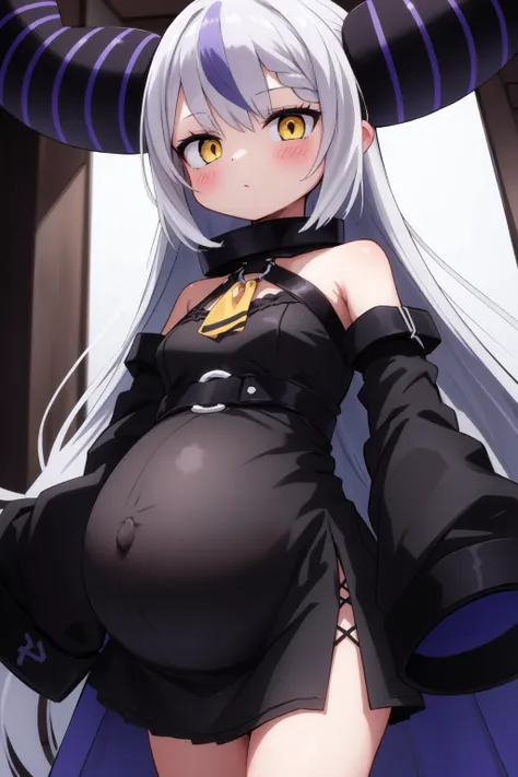(masterpiece, best quality), intricate details,
1girl, <lora:laplusDarknessV8:0.8> la+ darkness, black coat, black dress, white sleeves, sleeves past finger, sleeves past wrists, white hair, yellow eyes,
<lora:pregnant_v21:0.8> pregnant,