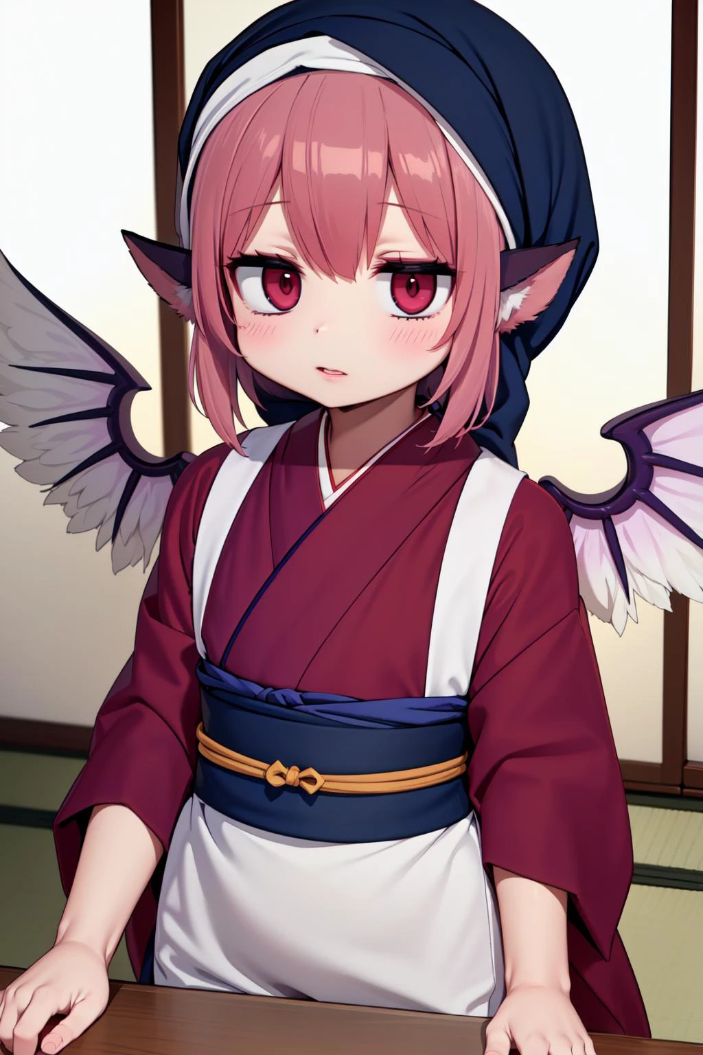 (animal_ears:1.2), (sash code:1.3), (white_tasuki wings:1.2), (okamisty:1.5), (mystia lorelei:1.2), lips, (maroon_kimono:1.4), (dark blue headscarf:1.5), (indigo blue_apron:1.2), (pink hair:1.2), <lora:oka_mysty2:0.5>