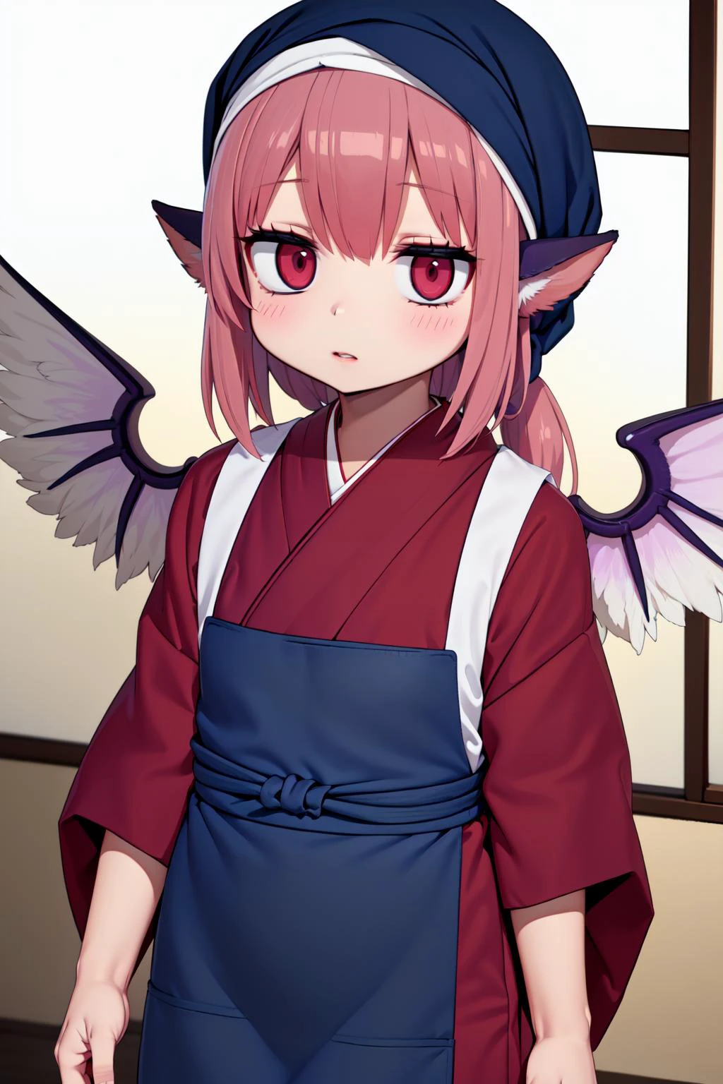 (animal_ears:1.2), (sash code:1.3), (white_tasuki wings:1.2), (okamisty:1.5), (mystia lorelei:1.2), lips, (maroon_kimono:1.4), (dark blue headscarf:1.5), (indigo blue_apron:1.4), (pink hair:1.2), <lora:oka_mysty2:0.5>