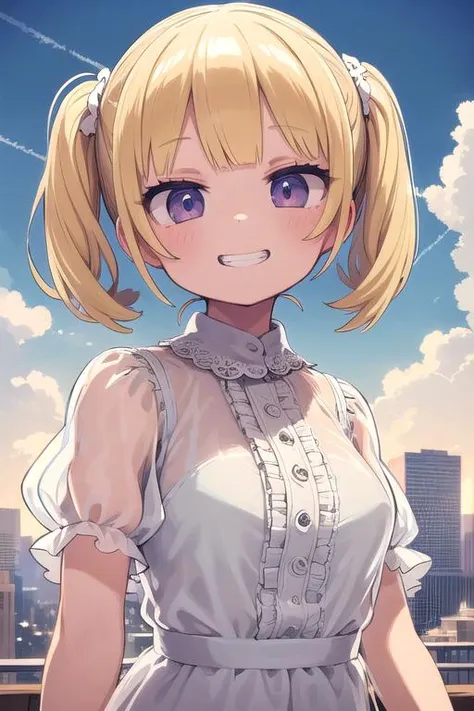 (best quality,insanely detailed illustration:1.4),1gir, blonde hair short twintails,white dress, puffy short sleeves, happy,grin, (see-through:1.2),outdoors, cityscape,