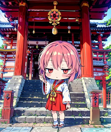 one (chibi:1.3) girl wearing japaese miko cloth, (half) (open:0.1) eyes, standing in japanese Shinto shrine, looking at viewer, (clear face, ill humor), (sleepy:1.1), raise hands
<lora:mikoClothes_v2:0.7>