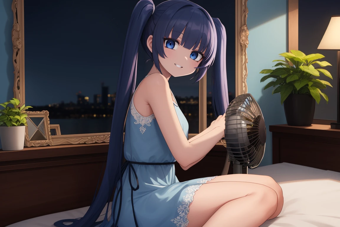 (masterpiece, best quality), intricate details, 1girl, sitting, indoors, bed, windows, mirror, potted plant, electric fan, twintails, dark blue hair, blue eyes, light purple dress, sleeveless, bare shoulders, long dress, long hair, looking at viewer, very long hair, beautiful waifu, small breasts, beautiful lipts, beautiful and detailed anime face, smile, teeth, parted lips, night, sky, moonlight, from side, looking to the side,