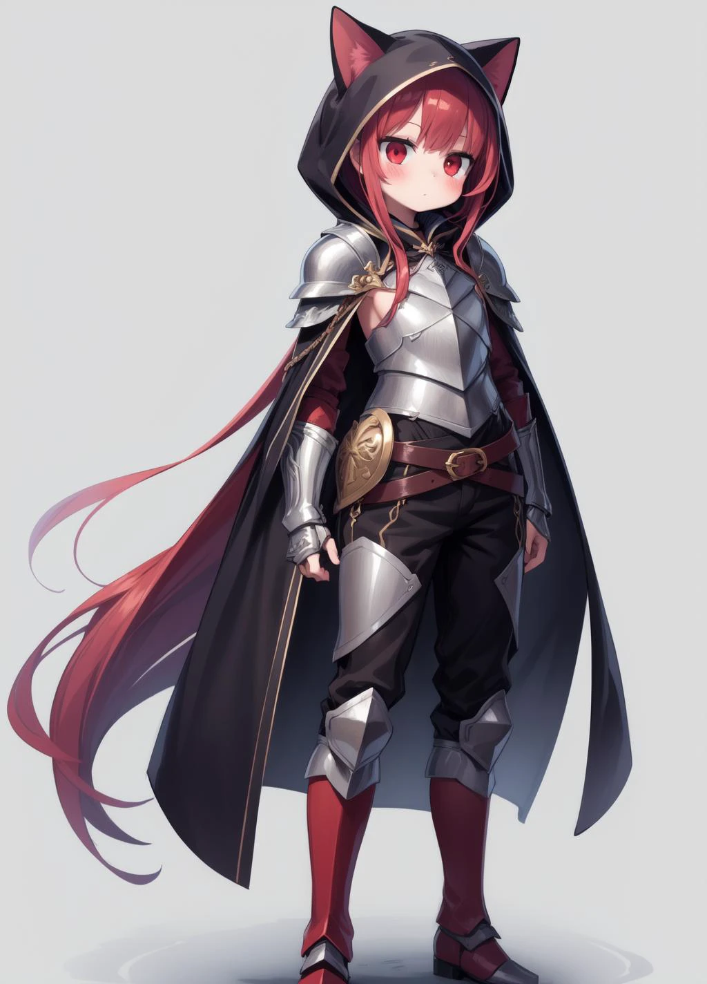 masterpiece, best quality, blush, looking away, full body <lora:add_detail:0.5>
1girl, solo, light skin, very long hair, red hair, small chest, red eyes,
cat hood, armor, black cloak, pants, belt, shoulder armor, gauntlets, boots,