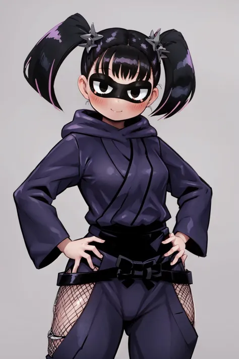 Shadowring, 1girl, black hair, short twintails, domino mask, black eyes, purple kimono, fishnet bodysuit, smile, multicolored background, hands on hips, blushing <lora:Shadow_Ring_OPM-10:1>