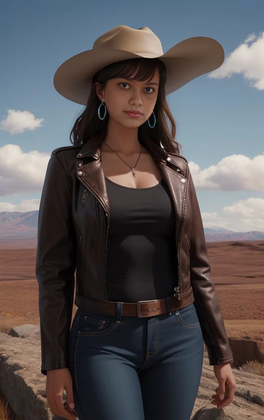 masterpiece,bestquality,highres, ultra detailed,Nevada wilderness,moor,cloudy sky,1lady,beautiful eyes,Cowboy hat,Leather jacket,earrings,jewelry,(necklace:0.2) <lora:weight_slider_v2:1> <lora:skin_tone_slider_v1:2>