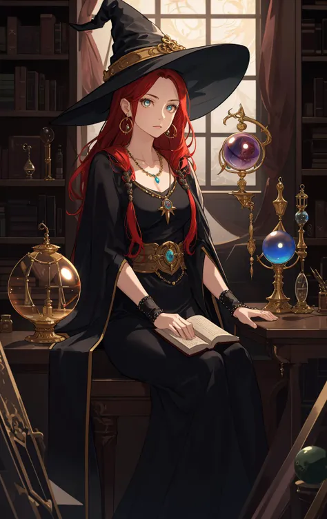 masterpiece,bestquality,highres, ultra detailed,alchemy laboratory,bookshelf,1lady,beautiful eyes,sitting,arms behind,witch costumes,red hair,earrings,necklace,jewelry,crystal ball,