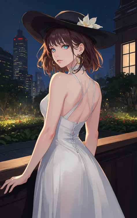 masterpiece,bestquality, highres, ultra detailed,1lady, solo, medium hair, looking back, looking at viewer, earrings, city garden, bare shoulders, beautiful eyes, sleeveless dress,  from behind, standing, Gorgeous dress,hat,night