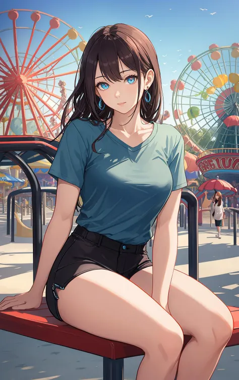 masterpiece,bestquality,highres, ultra detailed,distant view,amusement park,1lady,80% BODY,sitting,beautiful eyes,shirt,earrings,(necklace:0.1)