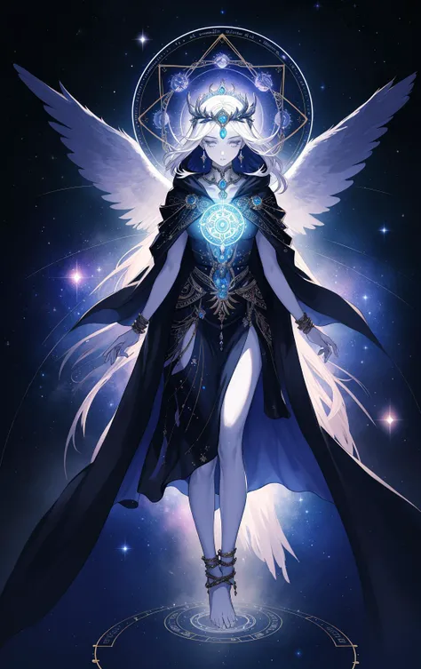 absurdres,masterpiece,bestquality,highres, ultra detailed,solo,portrait,goddess of fate,full body,surreal, Galaxy color palette,glowing lighting, divine atmosphere, floating, celestial,intricate ,starry motifs,zentangle,jewelry,Gorgeous cloak,timeless artistry,dynamic pose,milky magic circle,shackled,Ancient vibe